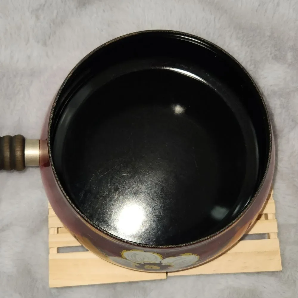 Vintage QSTA Red Enamel Fondue Pot Floral Sauce Pot Wood Handle w/ Lid